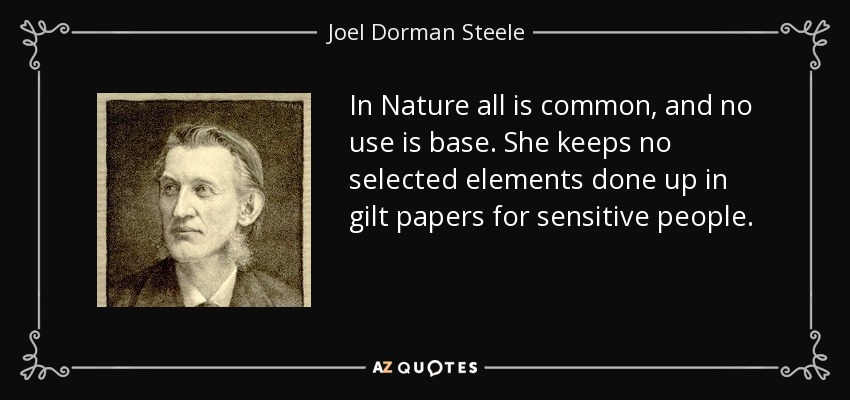 In Nature all is common, and no use is base. She keeps no selected elements done up in gilt papers for sensitive people. - Joel Dorman Steele