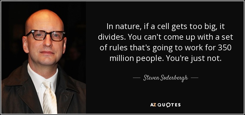In nature, if a cell gets too big, it divides. You can't come up with a set of rules that's going to work for 350 million people. You're just not. - Steven Soderbergh