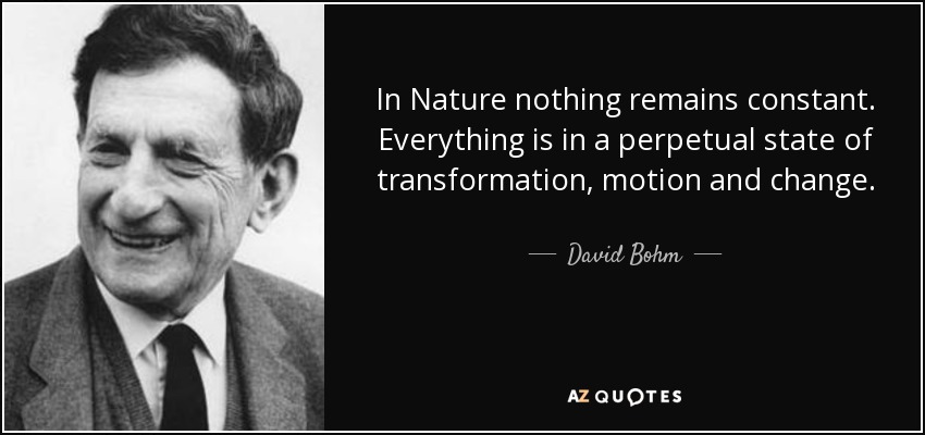 In Nature nothing remains constant. Everything is in a perpetual state of transformation, motion and change. - David Bohm