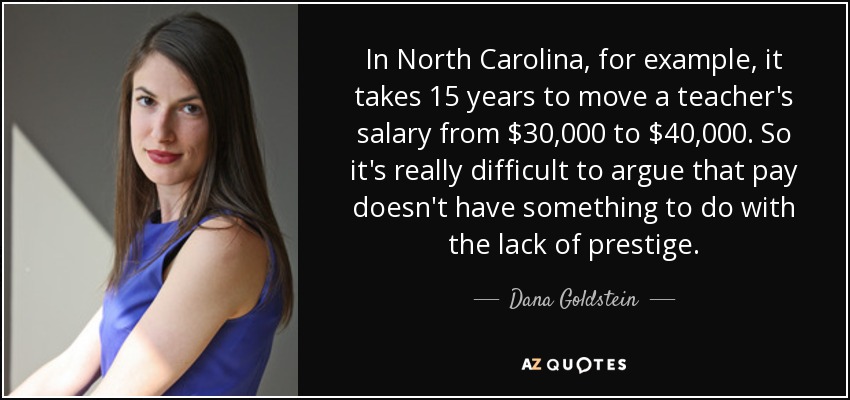 In North Carolina, for example, it takes 15 years to move a teacher's salary from $30,000 to $40,000. So it's really difficult to argue that pay doesn't have something to do with the lack of prestige. - Dana Goldstein