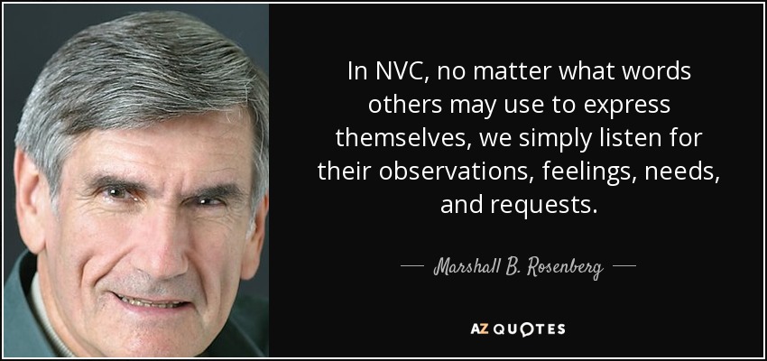 In NVC, no matter what words others may use to express themselves, we simply listen for their observations, feelings, needs, and requests. - Marshall B. Rosenberg