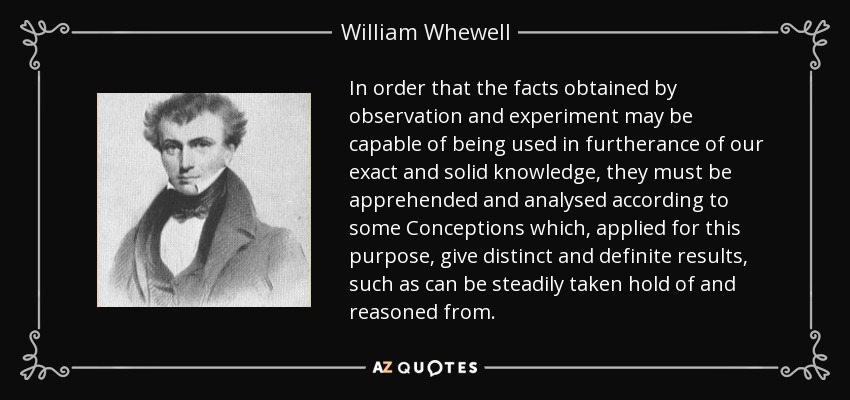 In order that the facts obtained by observation and experiment may be capable of being used in furtherance of our exact and solid knowledge, they must be apprehended and analysed according to some Conceptions which, applied for this purpose, give distinct and definite results, such as can be steadily taken hold of and reasoned from. - William Whewell