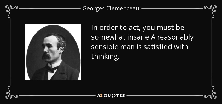 In order to act, you must be somewhat insane .A reasonably sensible man is satisfied with thinking. - Georges Clemenceau