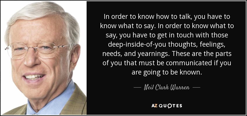 In order to know how to talk, you have to know what to say. In order to know what to say, you have to get in touch with those deep-inside-of-you thoughts, feelings, needs, and yearnings. These are the parts of you that must be communicated if you are going to be known. - Neil Clark Warren