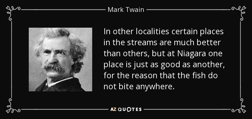 In other localities certain places in the streams are much better than others, but at Niagara one place is just as good as another, for the reason that the fish do not bite anywhere. - Mark Twain