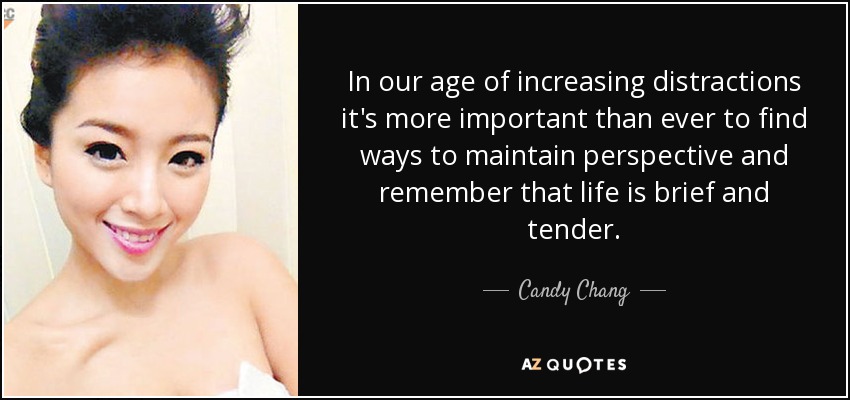 In our age of increasing distractions it's more important than ever to find ways to maintain perspective and remember that life is brief and tender. - Candy Chang