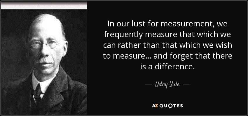 In our lust for measurement, we frequently measure that which we can rather than that which we wish to measure... and forget that there is a difference. - Udny Yule