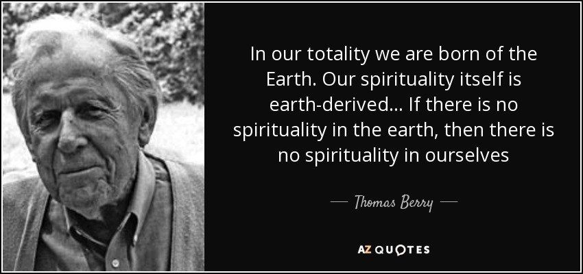 In our totality we are born of the Earth. Our spirituality itself is earth-derived... If there is no spirituality in the earth, then there is no spirituality in ourselves - Thomas Berry