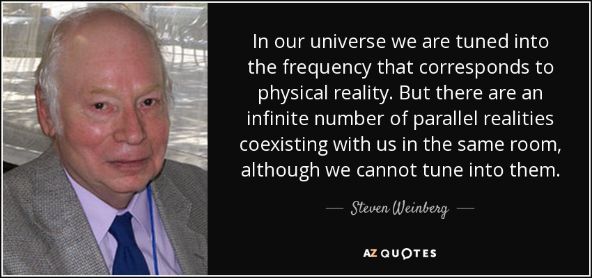 In our universe we are tuned into the frequency that corresponds to physical reality. But there are an infinite number of parallel realities coexisting with us in the same room, although we cannot tune into them. - Steven Weinberg