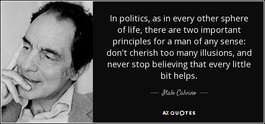 In politics, as in every other sphere of life, there are two important principles for a man of any sense: don't cherish too many illusions, and never stop believing that every little bit helps. - Italo Calvino