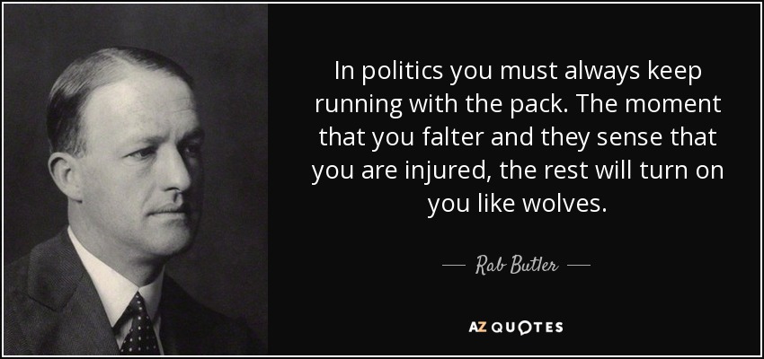 In politics you must always keep running with the pack. The moment that you falter and they sense that you are injured, the rest will turn on you like wolves. - Rab Butler