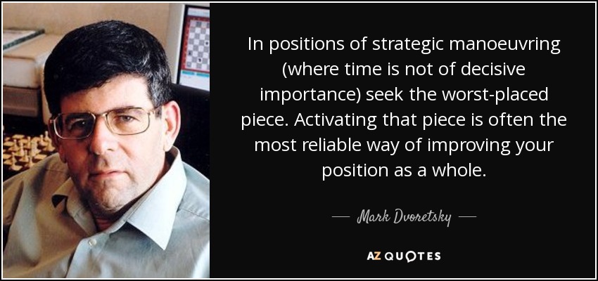In positions of strategic manoeuvring (where time is not of decisive importance) seek the worst-placed piece. Activating that piece is often the most reliable way of improving your position as a whole. - Mark Dvoretsky