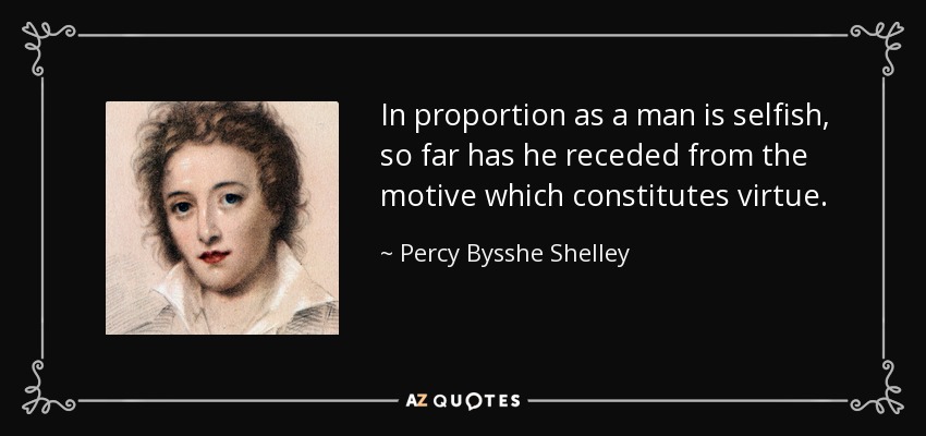 In proportion as a man is selfish, so far has he receded from the motive which constitutes virtue. - Percy Bysshe Shelley