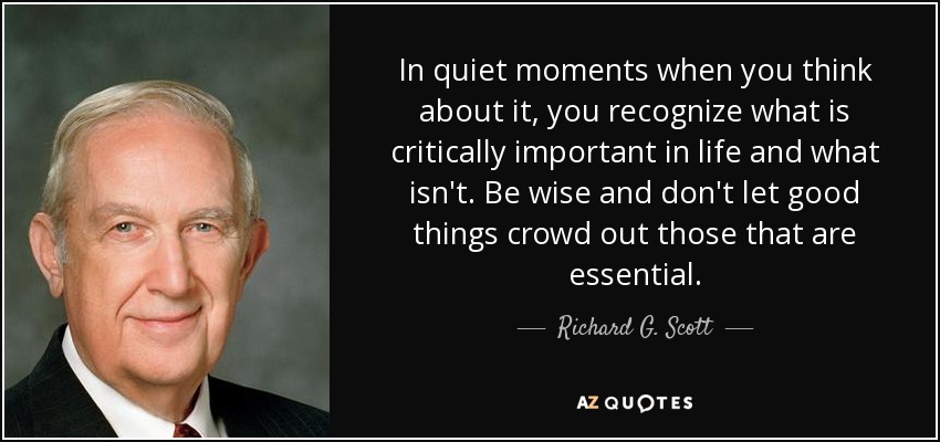 In quiet moments when you think about it, you recognize what is critically important in life and what isn't. Be wise and don't let good things crowd out those that are essential. - Richard G. Scott