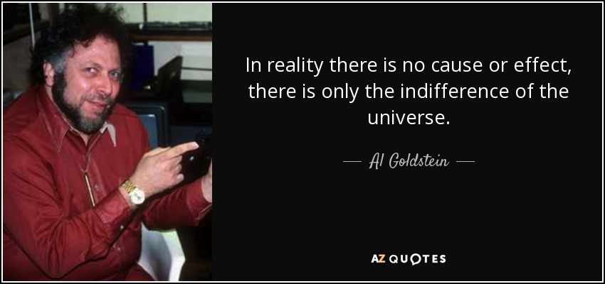 In reality there is no cause or effect, there is only the indifference of the universe. - Al Goldstein
