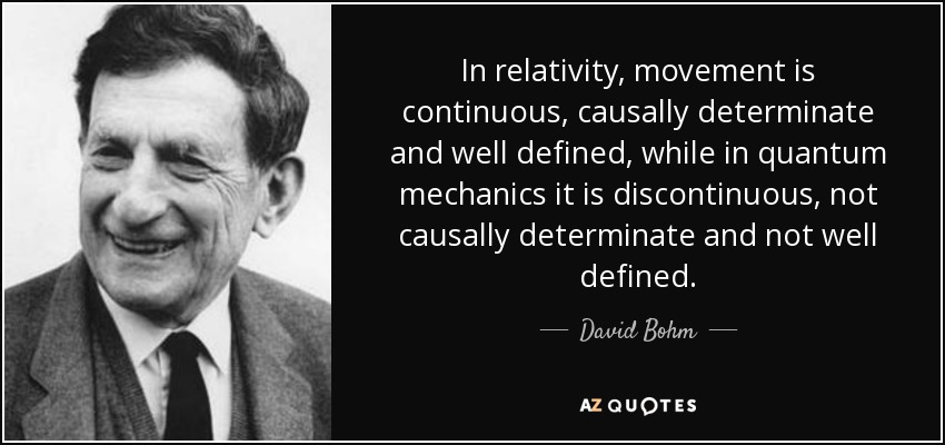 In relativity, movement is continuous, causally determinate and well defined, while in quantum mechanics it is discontinuous, not causally determinate and not well defined. - David Bohm