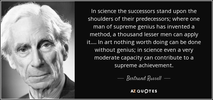In science the successors stand upon the shoulders of their predecessors; where one man of supreme genius has invented a method, a thousand lesser men can apply it. ... In art nothing worth doing can be done without genius; in science even a very moderate capacity can contribute to a supreme achievement. - Bertrand Russell