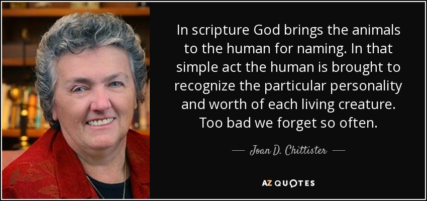 In scripture God brings the animals to the human for naming. In that simple act the human is brought to recognize the particular personality and worth of each living creature. Too bad we forget so often. - Joan D. Chittister