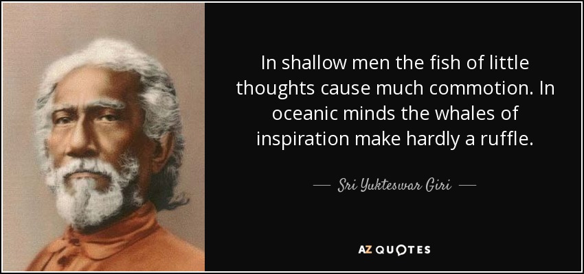 In shallow men the fish of little thoughts cause much commotion. In oceanic minds the whales of inspiration make hardly a ruffle. - Sri Yukteswar Giri
