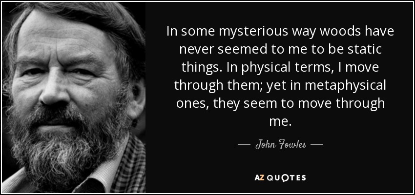 In some mysterious way woods have never seemed to me to be static things. In physical terms, I move through them; yet in metaphysical ones, they seem to move through me. - John Fowles