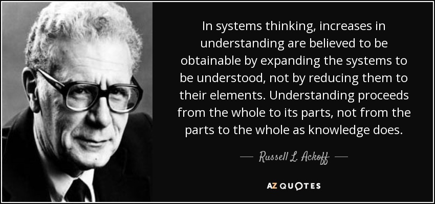 In systems thinking, increases in understanding are believed to be obtainable by expanding the systems to be understood, not by reducing them to their elements. Understanding proceeds from the whole to its parts, not from the parts to the whole as knowledge does. - Russell L. Ackoff