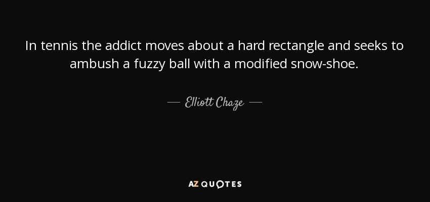 In tennis the addict moves about a hard rectangle and seeks to ambush a fuzzy ball with a modified snow-shoe. - Elliott Chaze