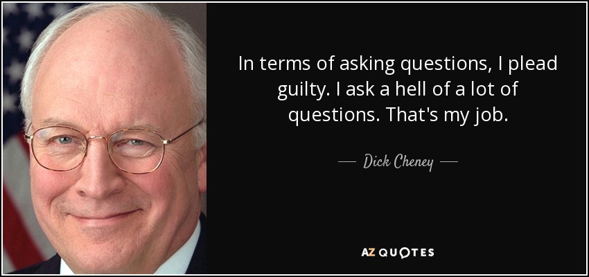 In terms of asking questions, I plead guilty. I ask a hell of a lot of questions. That's my job. - Dick Cheney