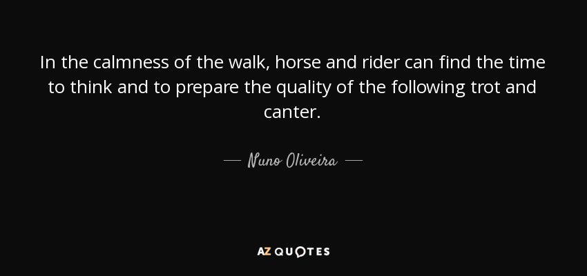 In the calmness of the walk, horse and rider can find the time to think and to prepare the quality of the following trot and canter. - Nuno Oliveira