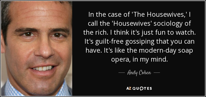In the case of 'The Housewives,' I call the 'Housewives' sociology of the rich. I think it's just fun to watch. It's guilt-free gossiping that you can have. It's like the modern-day soap opera, in my mind. - Andy Cohen