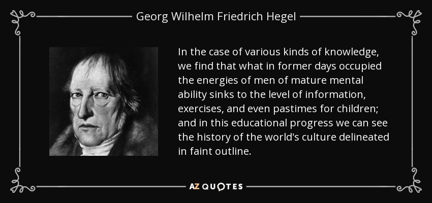 In the case of various kinds of knowledge, we find that what in former days occupied the energies of men of mature mental ability sinks to the level of information, exercises, and even pastimes for children; and in this educational progress we can see the history of the world's culture delineated in faint outline. - Georg Wilhelm Friedrich Hegel