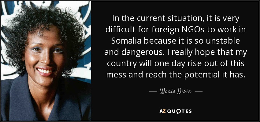 In the current situation, it is very difficult for foreign NGOs to work in Somalia because it is so unstable and dangerous. I really hope that my country will one day rise out of this mess and reach the potential it has. - Waris Dirie