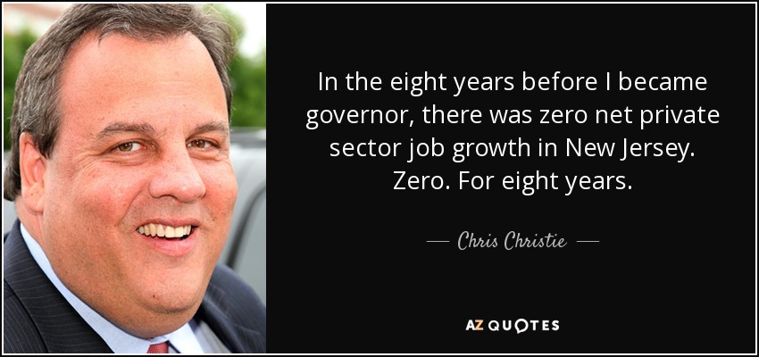 In the eight years before I became governor, there was zero net private sector job growth in New Jersey. Zero. For eight years. - Chris Christie