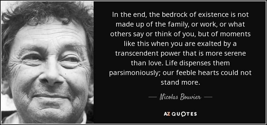 In the end, the bedrock of existence is not made up of the family, or work, or what others say or think of you, but of moments like this when you are exalted by a transcendent power that is more serene than love. Life dispenses them parsimoniously; our feeble hearts could not stand more. - Nicolas Bouvier