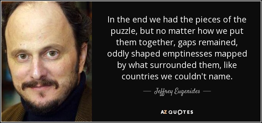 In the end we had the pieces of the puzzle, but no matter how we put them together, gaps remained, oddly shaped emptinesses mapped by what surrounded them, like countries we couldn't name. - Jeffrey Eugenides