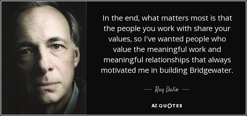 In the end, what matters most is that the people you work with share your values, so I've wanted people who value the meaningful work and meaningful relationships that always motivated me in building Bridgewater. - Ray Dalio