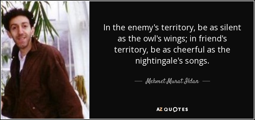 In the enemy's territory, be as silent as the owl's wings; in friend's territory, be as cheerful as the nightingale's songs. - Mehmet Murat Ildan