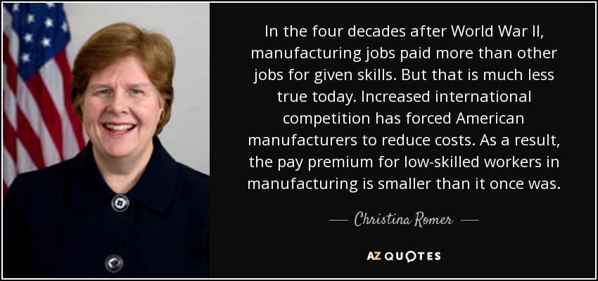 In the four decades after World War II, manufacturing jobs paid more than other jobs for given skills. But that is much less true today. Increased international competition has forced American manufacturers to reduce costs. As a result, the pay premium for low-skilled workers in manufacturing is smaller than it once was. - Christina Romer