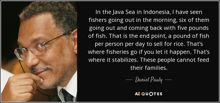 In the Java Sea in Indonesia, I have seen fishers going out in the morning, six of them going out and coming back with five pounds of fish. That is the end point, a pound of fish per person per day to sell for rice. That's where fisheries go if you let it happen. That's where it stabilizes. These people cannot feed their families. - Daniel Pauly
