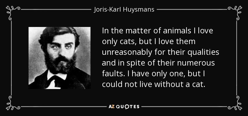 In the matter of animals I love only cats, but I love them unreasonably for their qualities and in spite of their numerous faults. I have only one, but I could not live without a cat. - Joris-Karl Huysmans