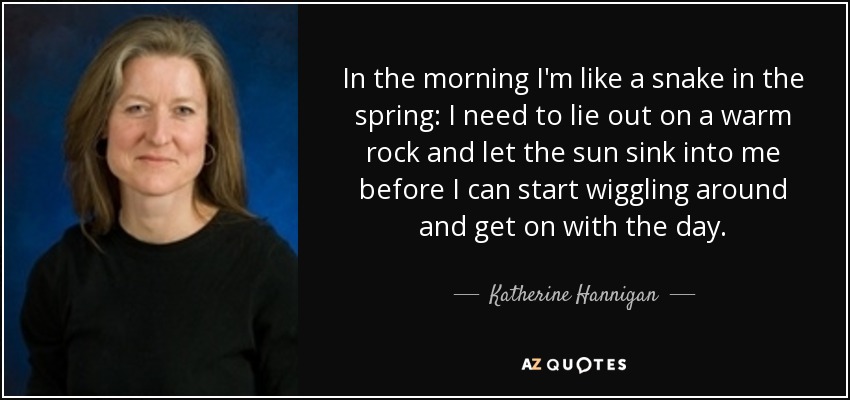 In the morning I'm like a snake in the spring: I need to lie out on a warm rock and let the sun sink into me before I can start wiggling around and get on with the day. - Katherine Hannigan