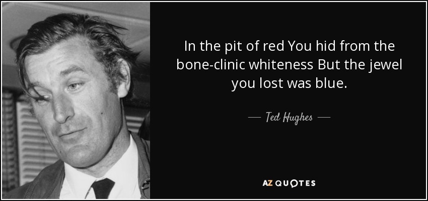 In the pit of red You hid from the bone-clinic whiteness But the jewel you lost was blue. - Ted Hughes