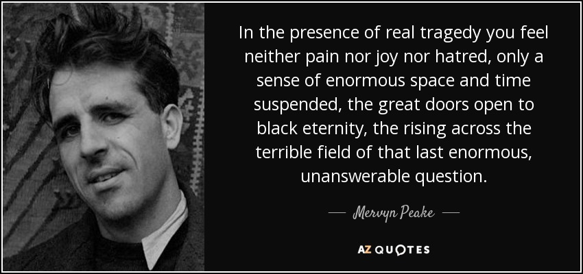 In the presence of real tragedy you feel neither pain nor joy nor hatred, only a sense of enormous space and time suspended, the great doors open to black eternity, the rising across the terrible field of that last enormous, unanswerable question. - Mervyn Peake