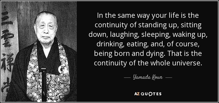 In the same way your life is the continuity of standing up, sitting down, laughing, sleeping, waking up, drinking, eating, and, of course, being born and dying. That is the continuity of the whole universe. - Yamada Koun