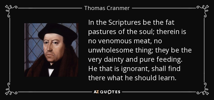 In the Scriptures be the fat pastures of the soul; therein is no venomous meat, no unwholesome thing; they be the very dainty and pure feeding. He that is ignorant, shall find there what he should learn. - Thomas Cranmer
