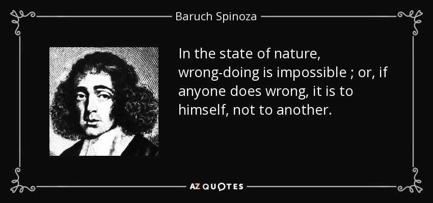 In the state of nature, wrong-doing is impossible ; or, if anyone does wrong, it is to himself, not to another. - Baruch Spinoza