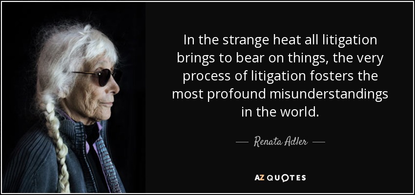In the strange heat all litigation brings to bear on things, the very process of litigation fosters the most profound misunderstandings in the world. - Renata Adler