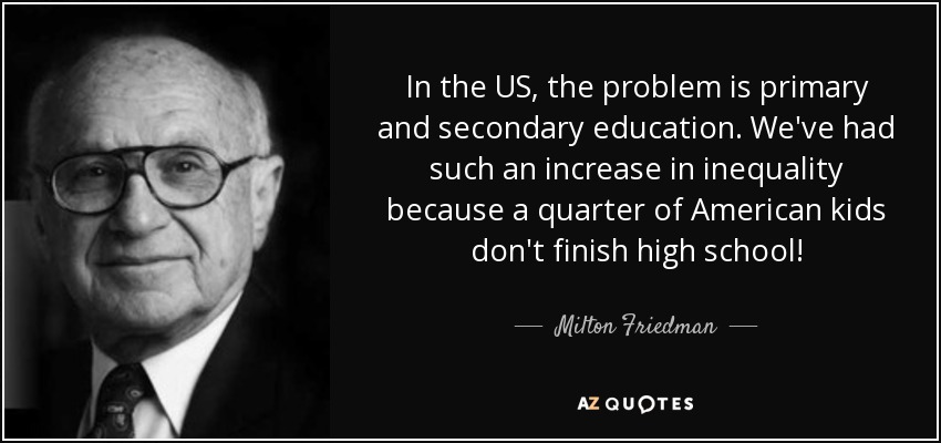 In the US, the problem is primary and secondary education. We've had such an increase in inequality because a quarter of American kids don't finish high school! - Milton Friedman