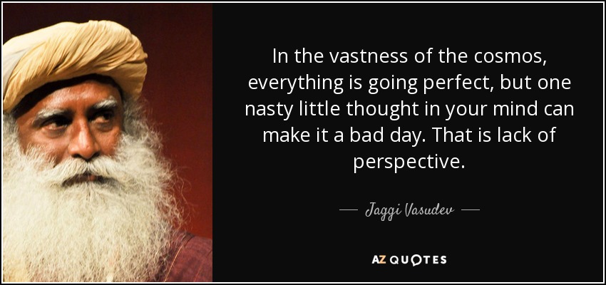 In the vastness of the cosmos, everything is going perfect, but one nasty little thought in your mind can make it a bad day. That is lack of perspective. - Jaggi Vasudev