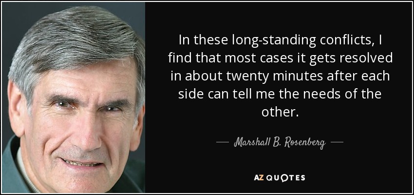 In these long-standing conflicts, I find that most cases it gets resolved in about twenty minutes after each side can tell me the needs of the other. - Marshall B. Rosenberg