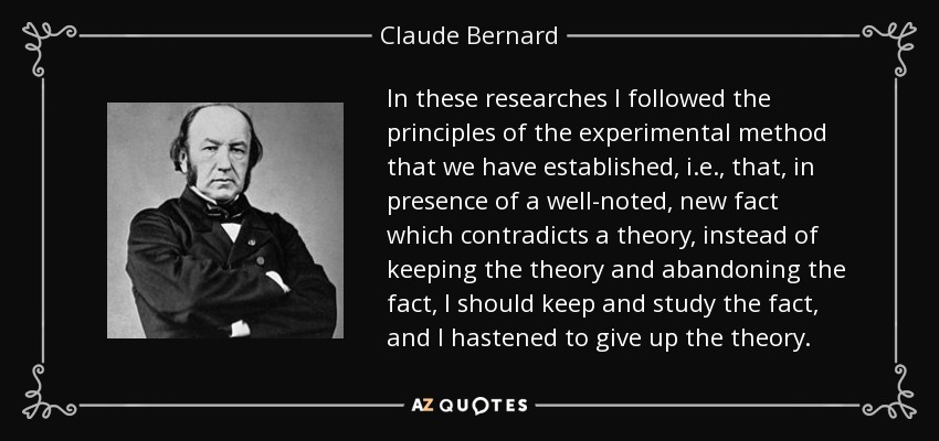 In these researches I followed the principles of the experimental method that we have established, i.e., that, in presence of a well-noted, new fact which contradicts a theory, instead of keeping the theory and abandoning the fact, I should keep and study the fact, and I hastened to give up the theory. - Claude Bernard